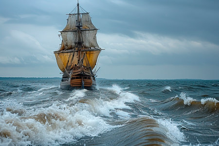 The Wooden Peel Ship: Sailing Through 16th Century Waves on the Ocean created with Generative AI technologyの素材