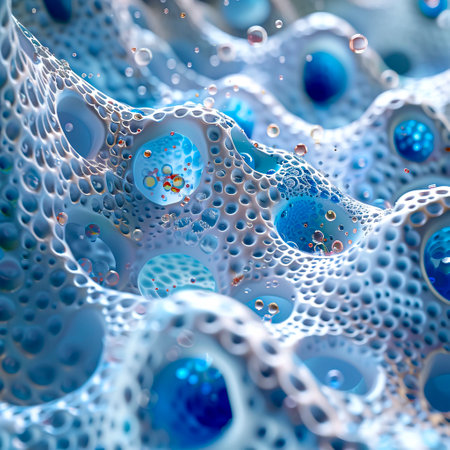 Ultra Detail Simulation of Cells Penetrating Skin with Laser Light in Blue and White on White Background, Enhanced by High Reflectivity and Technological Sense in 8K Quality created with Generative AI technologyの素材