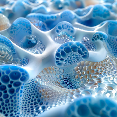 Ultra Detail: The Intrusion of Simulated Cells in the Skin's Depths under Laser Light, High Reflectivity in Blue and White on a Technological White Background in 8K Resolution, created with Generative AI technology.の素材