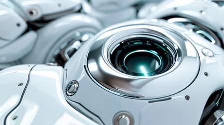 Sleek White Metal Medtech AI Slide Background with Circular Lenses and Laser Connection, created with Generative AI technologyの素材
