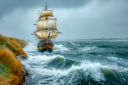 The Wooden Sailing Vessel: Navigating the 16th Century Seas with Grace and Power created with Generative AI technologyの素材