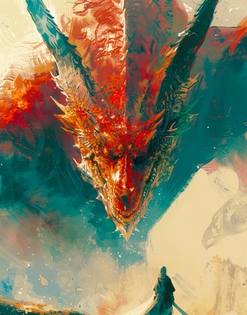 Vibrant Medieval Dragon in Dynamic Pose: A Clean and Detailed Portrait with Vibrant Colors and Minimalist Design, Created with Generative AI Technologyの素材