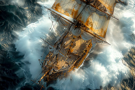The Wooden Ship of the High Seas: A Tale of Adventure in the 16th Century Waves created with Generative AI technologyの素材