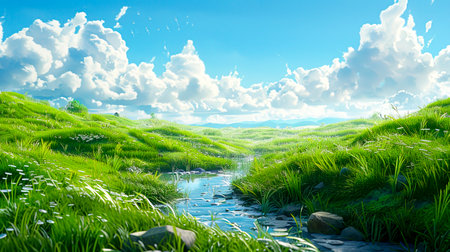 Rolling Hills and Cloudy Skies: A Stunning Landscape Animation created with Generative AI technologyの素材