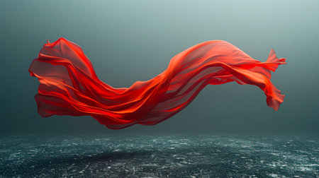 Ethereal Elegance: Floating Red Cloth in 8K Ultra HD on Gray Neutral Background created with Generative AI technologyの素材