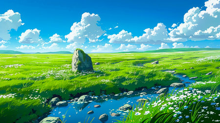 Rolling Meadows: A Serene View of Grassy Hills and Cloudy Skies in High Detail, Sky Blue, Traditional Animation, created with Generative AI technologyの素材