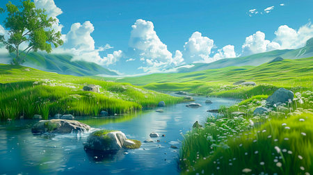 Rolling Hills: A Serene View of Nature in Motion, Vibrant Blue Skies and Fluffy Clouds in the Distance, Traditional Animation Style, created with Generative AI technologyの素材