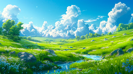 Vibrant Green Grasslands and Cloudy Skies: A Detailed Traditional Animation in Sky Blue, created with Generative AI technologyの素材