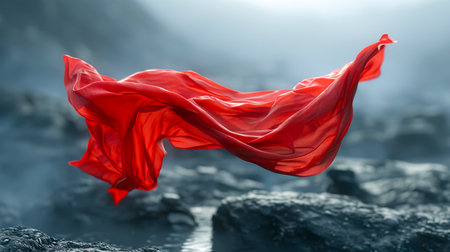 Ethereal Elegance: Floating Red Cloth in Stunning 8K Ultra HD on Gray Neutral Background, created with Generative AI technologyの素材