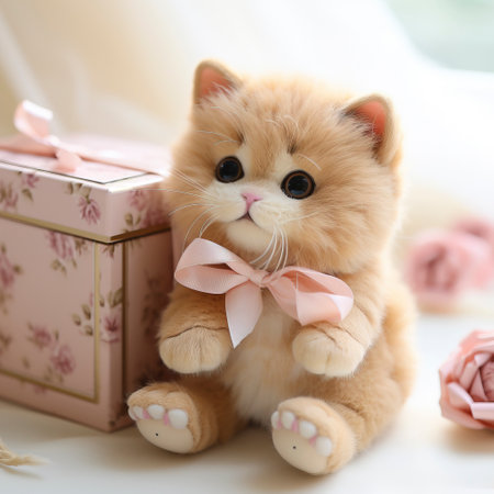 Adorable Kitten Doll: Chubby Body, Sitting in a Box on White Background, Exquisite Craftsmanship created with Generative AI technologyの素材