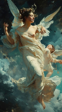 Celestial Harmony: A Goddess and Baby Angel in Flight created with Generative AI technologyの素材