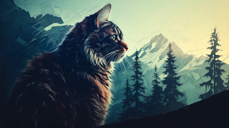 Majestic Cat: A Double Exposure Adventure in the Forest Mountains, Silhouette created with Generative AI technologyの素材