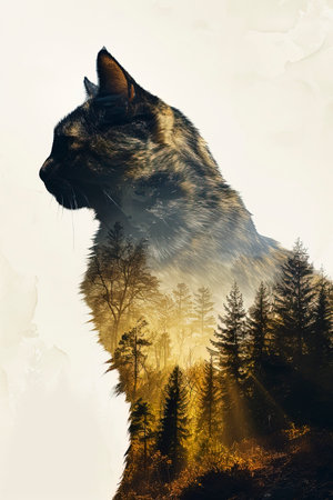 Majestic Feline: A Double Exposure of Forest Mountains and Silhouette created with Generative AI technologyの素材