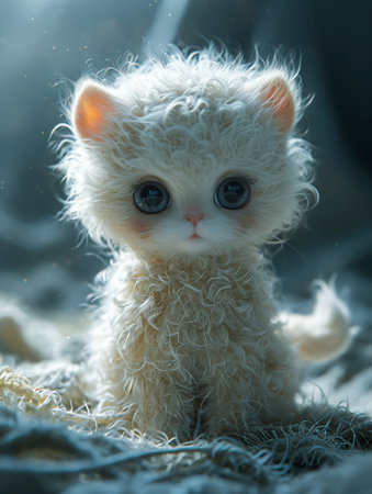 Fluffy White Cat Blind Box Toy in Clear Acrylic and Clay Material on White Background in 3D Style created with Generative AI technologyの素材