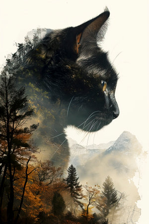 Majestic Cat in Enchanted Forest: A Double Exposure Adventure created with Generative AI technologyの素材