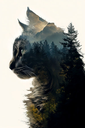 Majestic Cat in Enchanted Forest Mountains Silhouette created with Generative AI technologyの素材