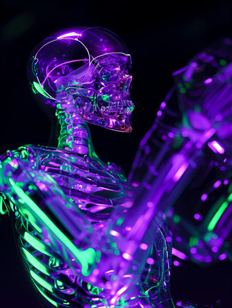 Neon Violet Cyborg Goddess: A Transparent Glass Beauty with Visible Skeleton Inside, Created with Generative AI Technologyの素材