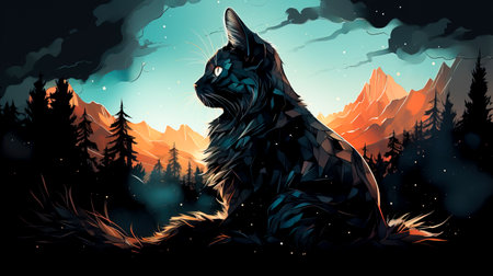 Majestic Cat in Enchanted Forest Mountains Silhouette, created with Generative AI technologyの素材