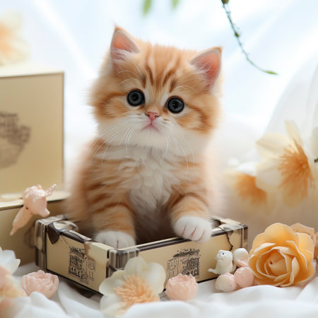 Adorable Short and Chubby Kitten Doll Sitting in a Box on a White Background, Exquisite Craftsmanship, created with Generative AI technologyの素材