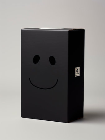 Simple Cat Face Printed Cardboard Box Isometric Product Photography created with Generative AI technologyの素材