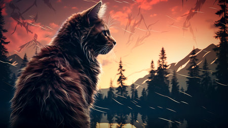 Majestic Mountain Cat: A Double Exposure Adventure created with Generative AI technologyの素材