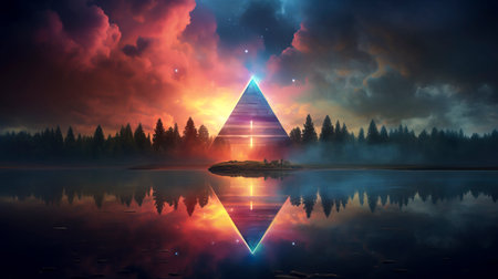 Dreamy Neon Triangle Reflections in the Clouds Over a Glowing Lake - 3D Render created with Generative AI technologyの素材