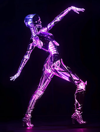 Neon Violet Cyborg: A Futuristic Femme Fatale with a Transparent Glass Body and Visible Skeleton Inside, created with Generative AI technology.の素材