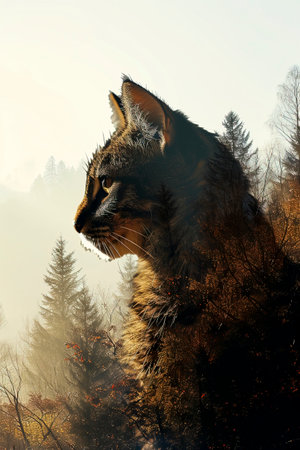 Majestic Cat: A Double Exposure Adventure Through Forest Mountains, Silhouette created with Generative AI technologyの素材