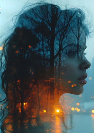 Shadowed Realities: A Lomographic Exploration of Double Exposure and Dark Reflections in Color Negative Film, created with Generative AI technologyの素材
