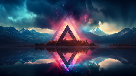 Dreamy Rainbow Triangle Glow Over Lake in 3D Render, Created with Generative AI Technologyの素材