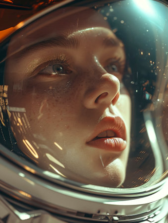 Exploring the Cosmos: Close-up Portrait of a Spaceman's Mars Helmet created with Generative AI technologyの素材