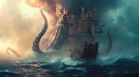 Kraken's Fury: A Vintage Pirate Ship's Battle at Sea created with Generative AI technologyの素材