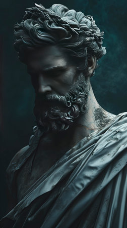 Majestic Zeus: A Digital Masterpiece in Muted Tones on Dark Background 8k Wallpaper created with Generative AI technologyの素材