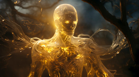 The Cosmic Tree Guardian: A Transparent Giant with a Galaxy Inside, created with Generative AI technologyの素材