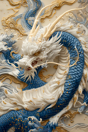 Realistic Blue and White Dragon Embroidery Design in Hyper-Detail, Light Beige and Gold Accents created with Generative AI technologyの素材
