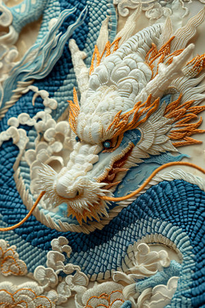 Realistic Blue and White Dragon Embroidery Design with Hyper-Detail in Light Beige and Gold created with Generative AI technologyの素材