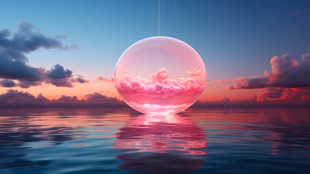Whimsical Dream: A Serene Sky Scene with Pink Lights and a Puffy Blue Cloud created with Generative AI technologyの素材