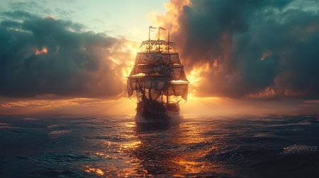 The Kraken's Fury: A Pirate Ship's Battle at Sea created with Generative AI technologyの素材