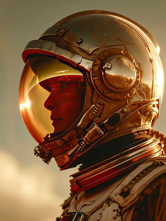 Exploring the Depths of Space: Astronaut Mars Helmet Close-Up Portrait created with Generative AI technologyの素材