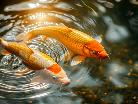 Golden Koi Carp: A Surreal Reflection of Beauty on Water created with Generative AI technologyの素材