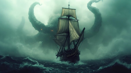 Whispers of the Deep: A Kraken's Assault on the Pirate Ship created with Generative AI technologyの素材