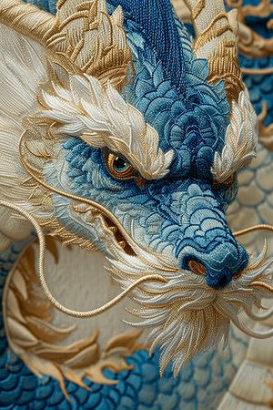 Hyper-Realistic Blue and White Dragon Embroidery Design in Light Beige and Gold | Created with Generative AI technologyの素材
