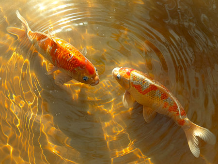 Golden Waters: A Surreal Encounter with Koi Carp in Sacred Light, created with Generative AI technologyの素材