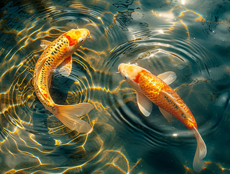 Golden Waters: A Surreal Encounter with Koi Carp created with Generative AI technologyの素材