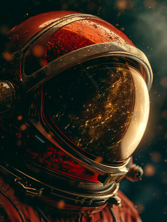 Exploring the Unknown: Close-up Portrait of a Spaceman's Mars Helmet created with Generative AI technologyの素材