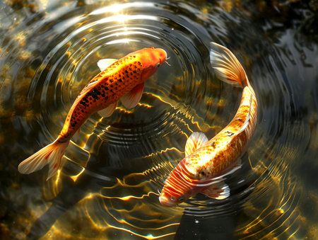 Golden Waters: A Surreal Encounter with Koi Carp and Sacred Shadows created with Generative AI technologyの素材