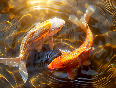 Golden Ripples: A Surreal Encounter with Koi Carp created with Generative AI technologyの素材