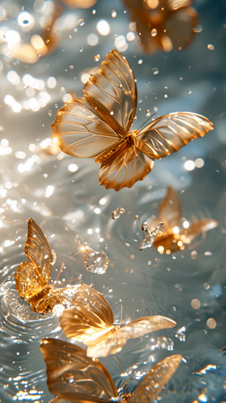 Golden Butterflies Dance on Sparkling White Water: A Surreal Dreamscape created with Generative AI technologyの素材