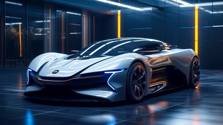 Neon Drive: A Futuristic Journey Through Electric Car Technology and Blue Light Realism created with Generative AI technologyの素材