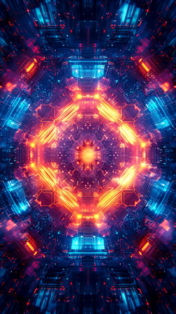 Symmetric Glow: A Neon Journey Through Geometric Backgrounds created with Generative AI technologyの素材
